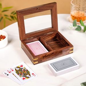 Boîte de rangement en bois pour cartes à jouer avec couvercle miroir en verre, double compartiment, organisateur de jeu de poker, étui cadeau pour soirée de jeu - Product Image 1