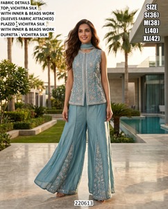 Traje Sharara Tradicional Noorika para Bodas y Fiestas de Diwali, Largo hasta el Suelo, Bordado Bandhani, Seda Vichitra, Corte Regular, Dupatta Suave - Product Image 4