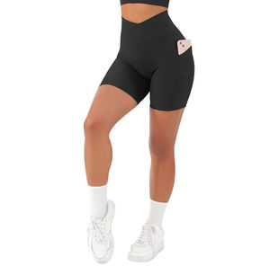 Shorts de yoga taille haute élastique pour femme, toutes tailles, OEM, couleur unie, compression, effet froncé fessier, contrôle du ventre, Spandex/Nylon - Product Image 4