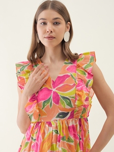 High Quality Multi Floral Printed Flared Mini Cambric <b>Dress</b> for Party Wear Summer Beach Holiday Daily Usage at Best Price - Product Image 6