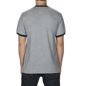 Camiseta de Manga Corta Gris para Hombre con Ribete en Contraste Negro, Corte Regular, Informal, de Algodón Jersey, Cuello Redondo, Color Sólido - Product Image 2