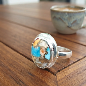 Natural Oyster Copper Turquoise Oval Sterling Silver Rose Gold & Yellow Gold Plated Handmade <b>Boho</b> Gemstone Wedding <b>Ring</b> - Product Image 4