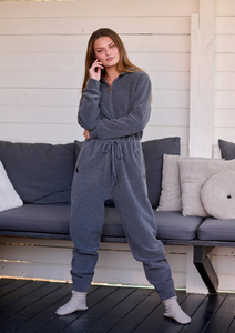 Pijama Enterizo con Capucha para Mujer, Manga Larga, Color Sólido, Tejido de Punto, 100% Poliéster, Impermeable, con Cierre de Cremallera, Informal, para Invierno - Product Image 4