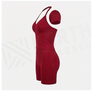 North Approach 2 Piece Yoga Set Solid <b>Red</b> <b>Crop</b> <b>Top</b> High Waist Shorts Breathable Spandex Polyester Seamless Design - Product Image 3