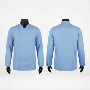 เสื้อเชฟผู้ชายผ้าโพลีคอตตอนพรีเมียม 200 GSM ทวิล สีฟ้าอ่อน แขนยาว กระดุมสองแถว ปักโลโก้ได้ ชุดยูนิฟอร์มสำหรับงานครัว - Product Image 1