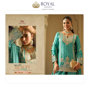 Oferta Especial en Trajes de Diseñador Pakistaníes para Fiestas y Festivales, Colección de Trajes de Seda Chinnon con Bordado - Product Image 4