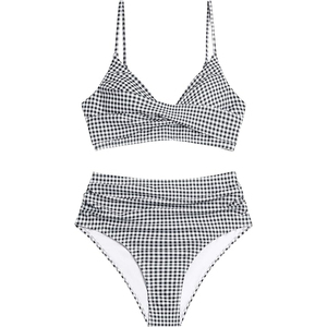 Conjunto de bikini a cuadros para mujer, top halter cruzado, parte inferior de cintura alta, traje de baño de dos piezas, tela elástica - Product Image 4