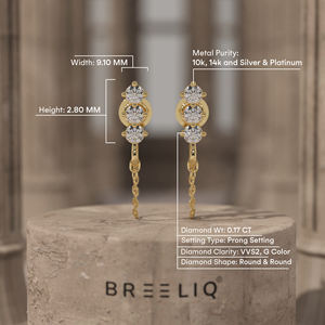 Boucles d'oreilles clous BREELIQ en or jaune 14 carats avec trois diamants et élégante chaîne enroulée, diamant rond étincelant - Product Image 5