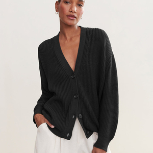 Cardigan noir tricoté pour femmes, col rond, manches longues, haut minimaliste d'automne - Product Image 1