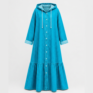 Robe longue en jean de coton à capuche, manches longues, ourlet évasé, coupe ample, décontractée pour femme, couleur unie, respirante, toutes saisons - Product Image 3