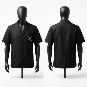 Veste de barbier unisexe noire à manches courtes avec logo ciseaux, poches poitrine, respirante, en polyester, uniforme de travail pour adulte Hardson Digital - Product Image 1