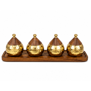 Ensemble de 3 bols à fruits secs en métal martelé de luxe avec plateau, pots à dattes et noix en métal doré avec couvercle en bois, vaisselle - Product Image 5
