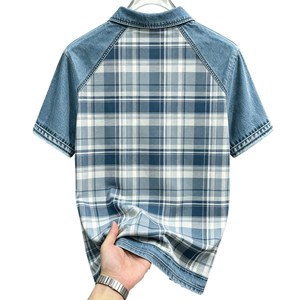 Chemise en denim contrastant à carreaux en polyester/coton pour homme, bleu et blanc, manches courtes, coupe classique, décontractée, respirante, tricotée, pour le golf, été - Product Image 2