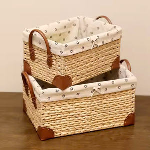 <b>Rectangular</b> storage <b>basket</b> woven from water hyacinth, fruit and food tray with fabric lining, leather-covered bottom. - Product Image 1