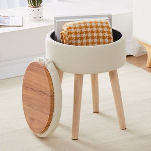 Modern Multifunctional Linen Vanity <b>Stool</b> with Wood Legs <b>Storage</b> Ottoman Tray Top Upholstered Footrest Resistant Footrest Res - Product Image 1