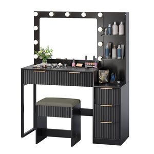 Set Toeletta con 5 Cassetti e 2 Ripiani, Finitura Melaminica Nera, in Truciolato, con 11 Lampadine Tricolore e Multipresa, per Trucco - Product Image 2