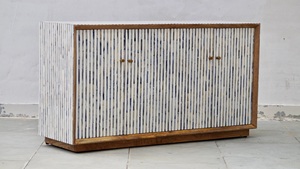 Luxury Handmade Eco-Friendly Bone Inlay <b>Console</b> Cabinet with Blue White Stripe Pattern and <b>Black</b> Interior Storage Design - Product Image 4