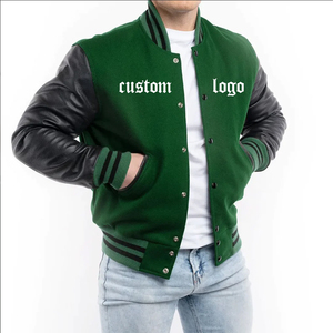 Custom Embroidery <b>Men</b> Green Leather Sleeve <b>Baseball</b> Bomber Letterman <b>Jacket</b> Stand Collar Unisex Casual Autumn Wear <b>Men's</b> <b>Jackets</b> - Product Image 3