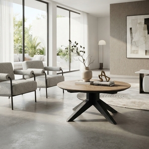 Mesa de centro redonda de madera premium, minimalista, de madera maciza de teca, mesa de té circular para sala de estar, mesa baja con estructura central para espacios y unidades. - Product Image 4