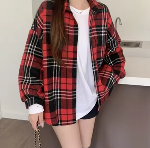 เสื้อเชิ้ตผ้าสักหลาดลายสก็อตสำหรับผู้หญิง ขายดี เสื้อเชิ้ตทรงหลวม แขนยาว สไตล์ลำลอง ติดกระดุม - Product Image 1
