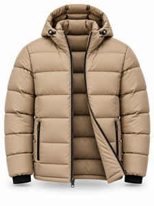 Blouson matelassé à capuche beige pour homme, chaud, coupe-vent, décontracté, fermeture éclair frontale, couleur unie, rembourrage en polyester épais, coupe régulière - Product Image 4