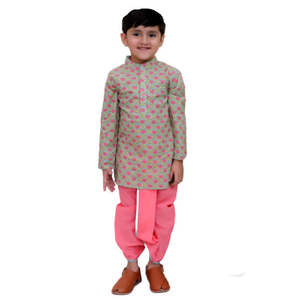 Conjunto Modesto para Niños, Manga Larga, Kurta y Pantalones Dhoti de Poliéster Estampado, Gris Coral - Conjunto Modesto para Niños, Kurta y Pantalones Dhoti de Poliéster Estampado - Product Image 1