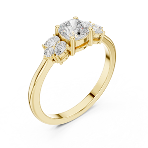 18K Yellow Gold <b>Cushion</b> Cut Diamond Engagement Ring with Pear Side Stones | Luxury Three Stone Bridal Ring | Fine Jewelry - Product Image 1