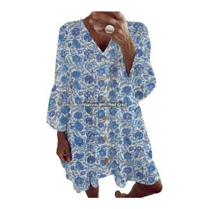 Elegante Vestido Midi de Verano para Mujer, Vestido de Algodón de Primavera/Verano con Mangas Campana, Estampado Floral, para Fiestas, con Estampado de Bloques - Product Image 4