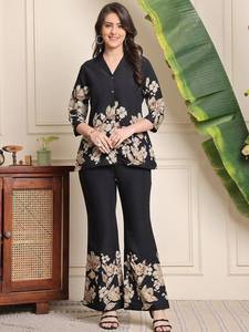 ชุดเซ็ตคุร์ตาผ้าฝ้ายพิมพ์ลายดอกไม้สีดำสำหรับผู้หญิง ทรงปกติ สวมใส่สบาย สไตล์อินเดีย ปากีสถาน ความยาวปกติ แห้งเร็ว - Product Image 1