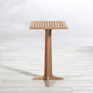 Table de bar en teck massif avec base à piétement unique et plateau à lattes pour un aménagement moderne de terrasse et de café en extérieur - Product Image 3
