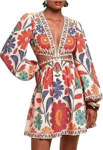 Vestido Mini de Verano para Mujer, Estilo Tropical, Cintura Alta, Manga Farol, con Lazos en la Espalda - Product Image 2