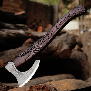 Hand Carved Wood <b>Handle</b> Tomahawk <b>Axe</b> Forged Steel Head Survival Hatchet Tool - Product Image 2