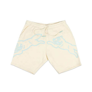 Pantalones Cortos Deportivos Extra Grandes con Estampado Gráfico Personalizado, Mezcla de Algodón Beige con Diseño de Pantera con Contorno Azul, Moda Casual de Verano de Alta Calidad - Product Image 1