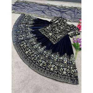 TOP DE TRABAJO DE SECUENCIA DE BORDADO DE TERCIOPELO A LA MODA LEHENGA CON DUPATTA AZUL MARINO - Product Image 1
