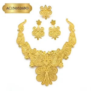 Antique 18K Gold Plated Ethiopian Women's Latest Stylish Design Short <b>Charm</b> Necklace Set Earrings Rings Flower Shape - Product Image 2