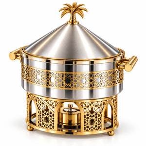 Plat à chafing rond de luxe en acier inoxydable de style arabe avec couvercle conique, motif palmier et support doré décoratif - Product Image 2
