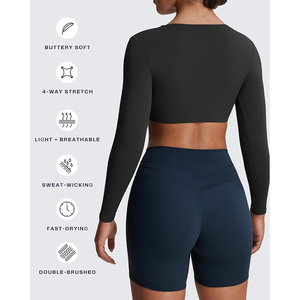 Women Criss Cross Neck Long Sleeve Yoga Top Solid <b>Color</b> Cut-Out Activewear Seamless Breathable Fitness <b>Shirt</b> - Product Image 5