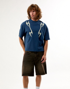 Blue Regular Fit T-Shirt with White Short Sleeve <b>Turtleneck</b> Front Logo Casual Jersey Cotton Breathable Hip Hop Street Style - Product Image 1