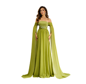 Robe longue bustier vert olive à épaules dénudées avec manches cape transparentes et fluides, élégante robe de soirée longue pour femme - Product Image 1