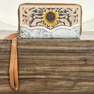 New Premium Pattern Vintage Western Sunflower Hand Tooled <b>Genuine</b> Cowhide Leather Wallet Wristlet Zipper Clutch for Ladies - Product Image 4