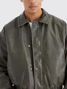 Veste en cuir PU lavé surdimensionnée de haute qualité pour hommes, coupe ample, avec col, coupe-vent - Product Image 4