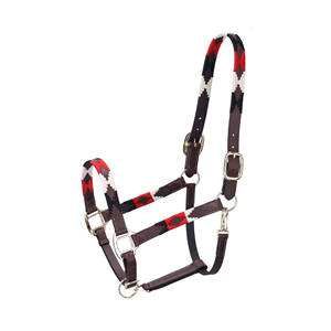 Leather Horse <b>Halter</b> with Red Black White Patterned Design Adjustable Fit Brass Hardware Equestrian Head Collar - Product Image 1