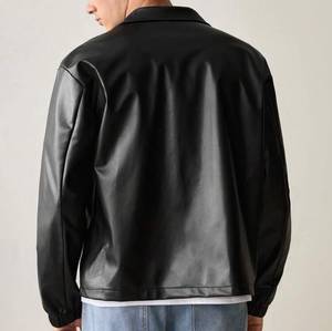 Veste décontractée unisexe noire aspect cuir vintage, col montant, coupe ajustée, logo uni sur le devant, vêtement d'extérieur pour l'hiver, service OEM - Product Image 6
