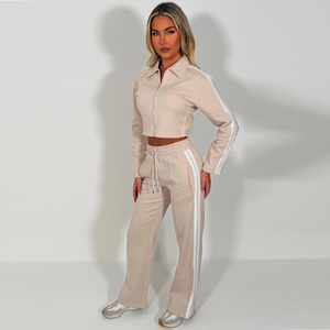 Women's Beige Tracksuit Set Full Sleeve <b>Cropped</b> Jacket With Side Stripe Loose Fit Joggers Sporty Casual Wear All Seasons - Product Image 1