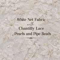 Tissu en dentelle Chantilly 3D floral blanc avec perles, perles tubulaires et sequins brodés, élégant et romantique, pour mariée, 5 yards (58 pouces)