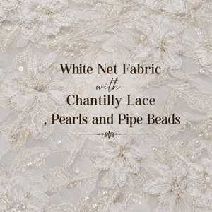 Tela de Malla de Encaje Chantilly Floral 3D Blanca con Perlas, Cuentas y Lentejuelas, Bordado Premium, Elegante y Romántico, para Novias, 5 Yardas - Product Image 2