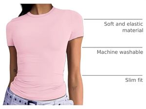 Women's <b>Pink</b> Crew Neck Short Sleeve Slim Fit Cotton Jersey T-Shirt Casual Solid Color Breathable Spring Summer Top - Product Image 6