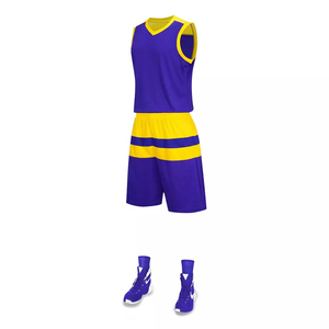 Conjunto de uniforme de baloncesto morado y amarillo, sin mangas, con cuello en V, poliéster que absorbe la humedad, unisex para adultos, para todas las estaciones - Product Image 5