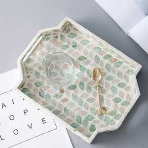 Handmade Luxury Mother of Pearl Inlay Round Serving Tray Turquoise Floral Capiz Shell <b>Mosaic</b> Decorative Ottoman Tray for Home - Product Image 4
