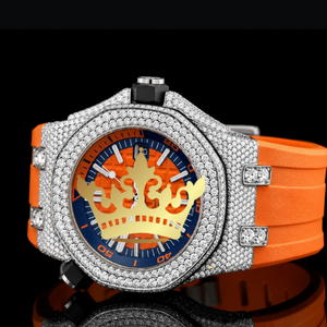 Reloj Deportivo Premium para Hombre, Esfera Naranja con Diseño Waffle, Caja y Bisel Completamente Adornados con Moissanita - Product Image 4